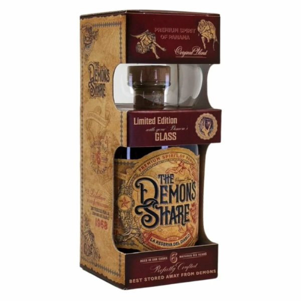 THE DEMON'S SHARE  6 Years rum + díszdoboz, pohár (0.7l - 40%) - DRS